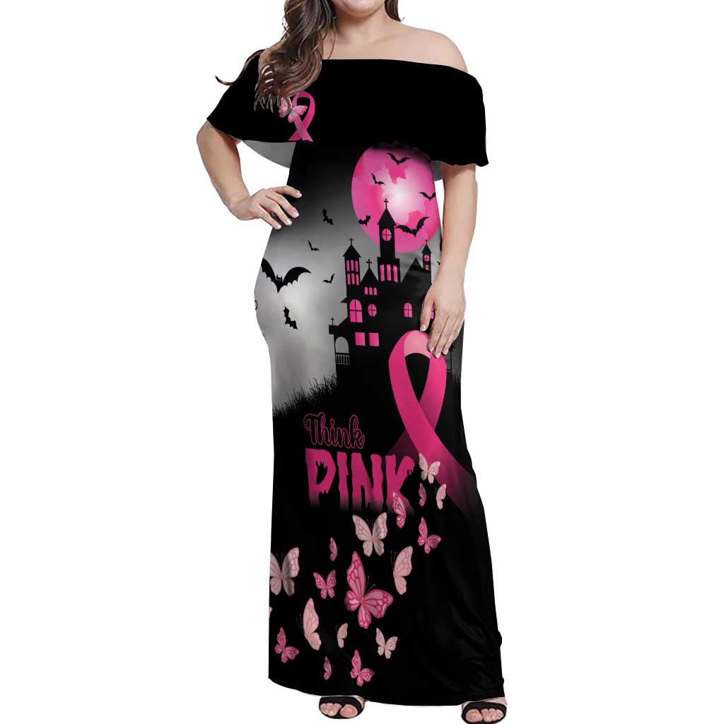 Personalized At Halloween We Think Pink Off Shoulder Maxi Dress Pink Ribbon Butterflies - Wonder Print Shop