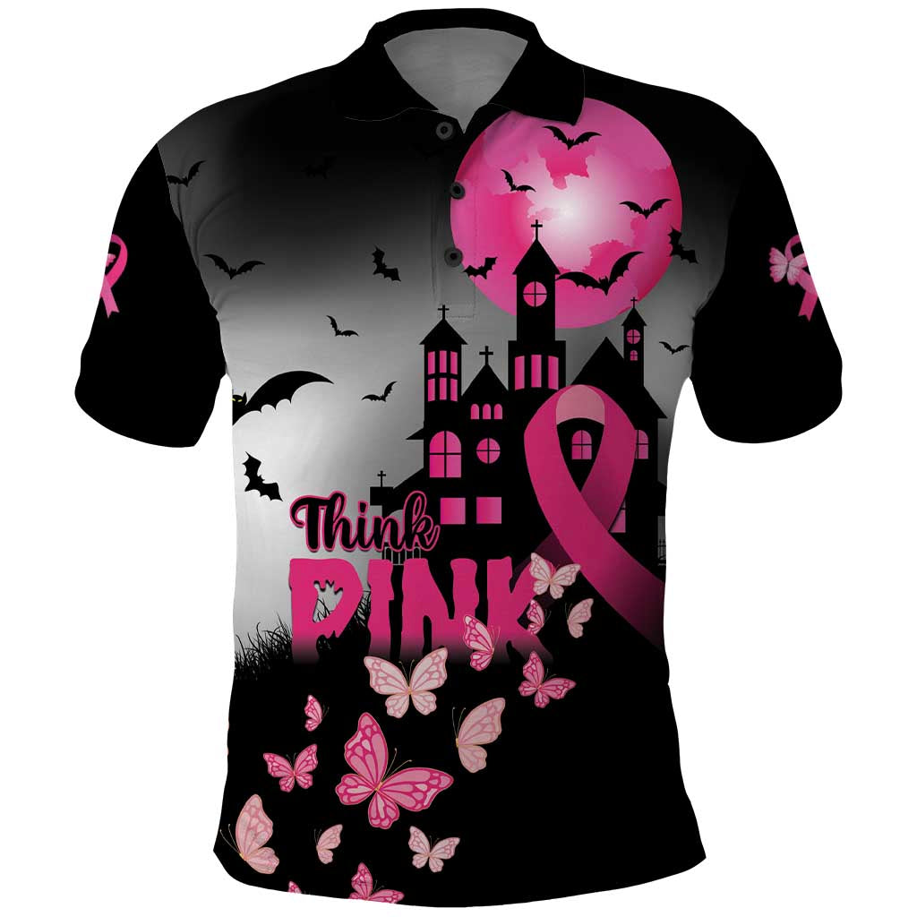 Personalized At Halloween We Think Pink Polo Shirt Pink Ribbon Butterflies - Wonder Print Shop