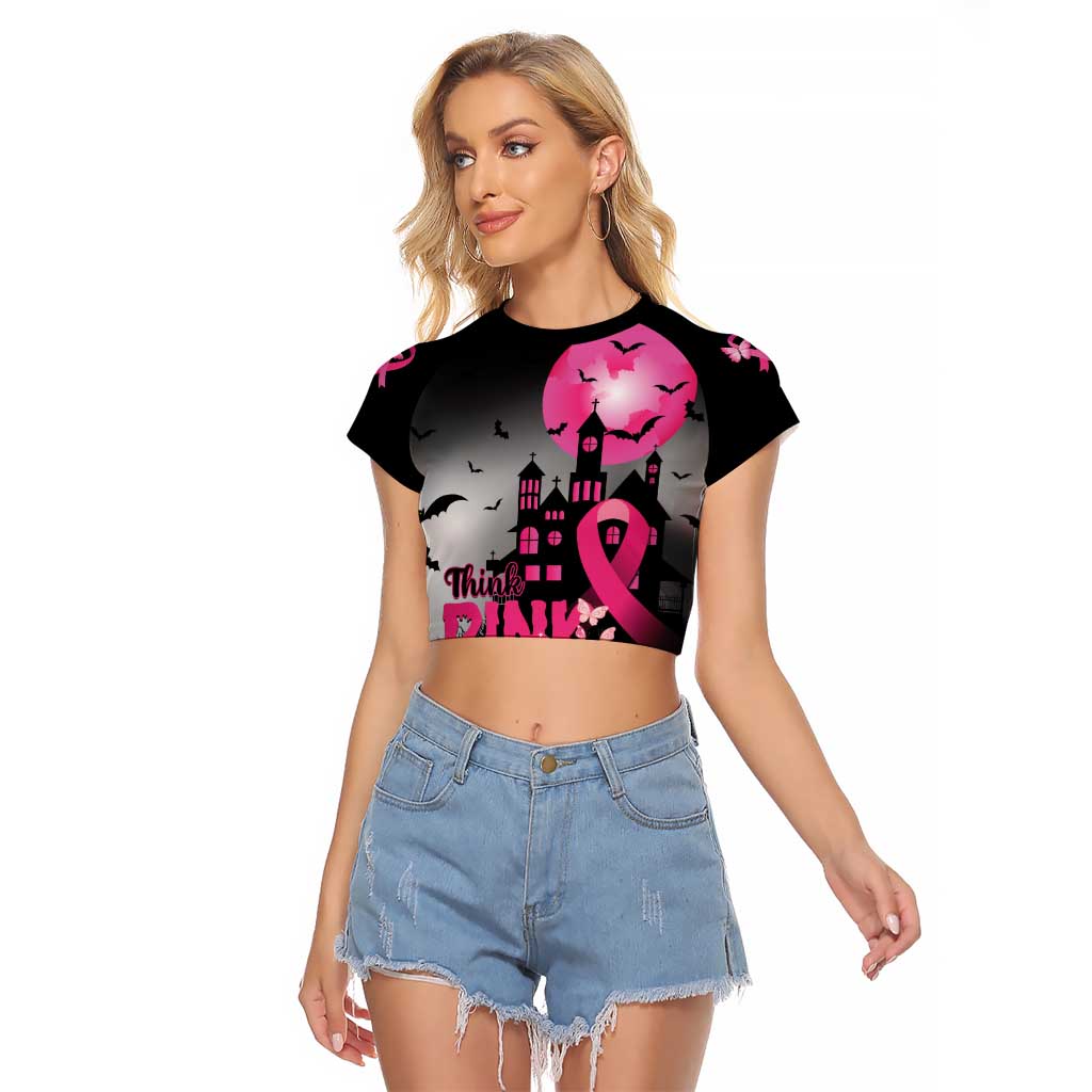 Personalized At Halloween We Think Pink Raglan Cropped T Shirt Pink Ribbon Butterflies - Wonder Print Shop