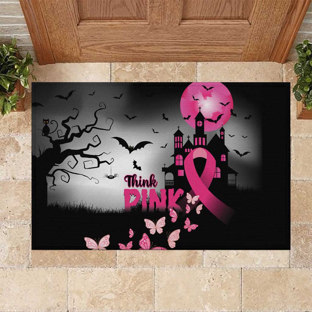 At Halloween We Think Pink Rubber Doormat Pink Ribbon Butterflies - Wonder Print Shop