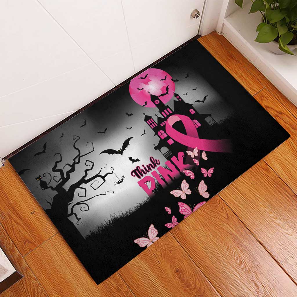 At Halloween We Think Pink Rubber Doormat Pink Ribbon Butterflies - Wonder Print Shop