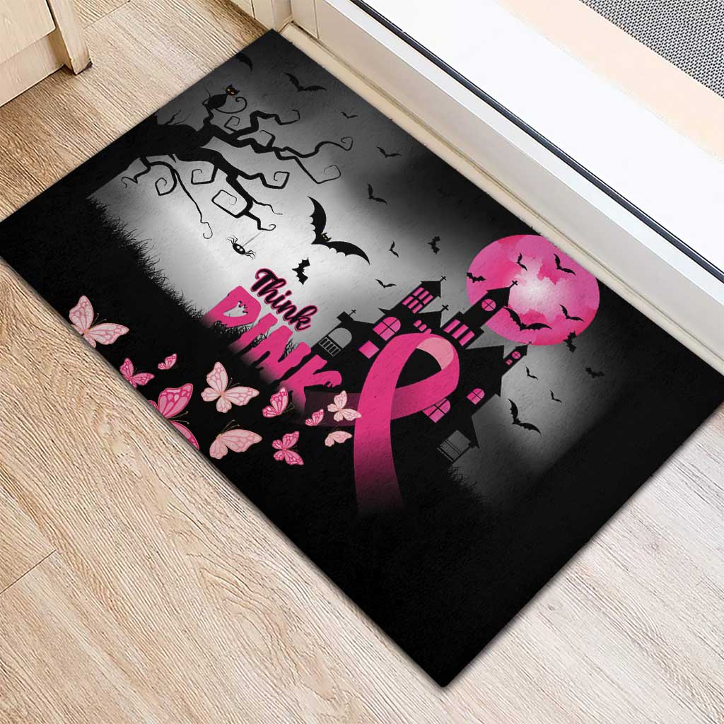 At Halloween We Think Pink Rubber Doormat Pink Ribbon Butterflies - Wonder Print Shop