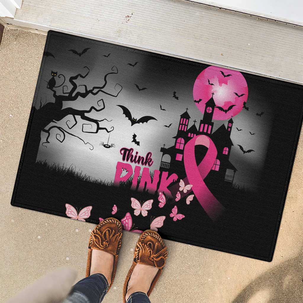 At Halloween We Think Pink Rubber Doormat Pink Ribbon Butterflies - Wonder Print Shop
