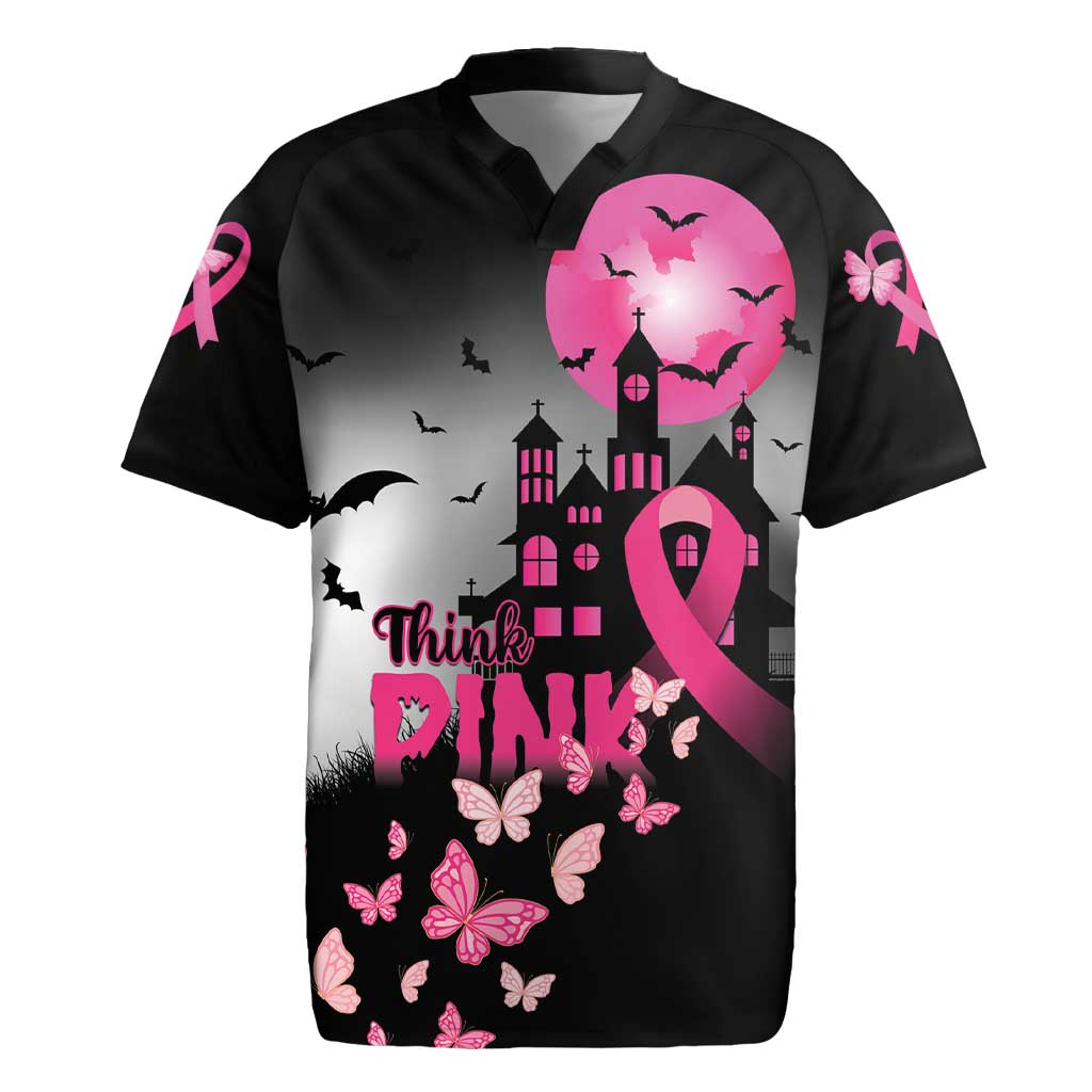 Personalized At Halloween We Think Pink Rugby Jersey Pink Ribbon Butterflies - Wonder Print Shop