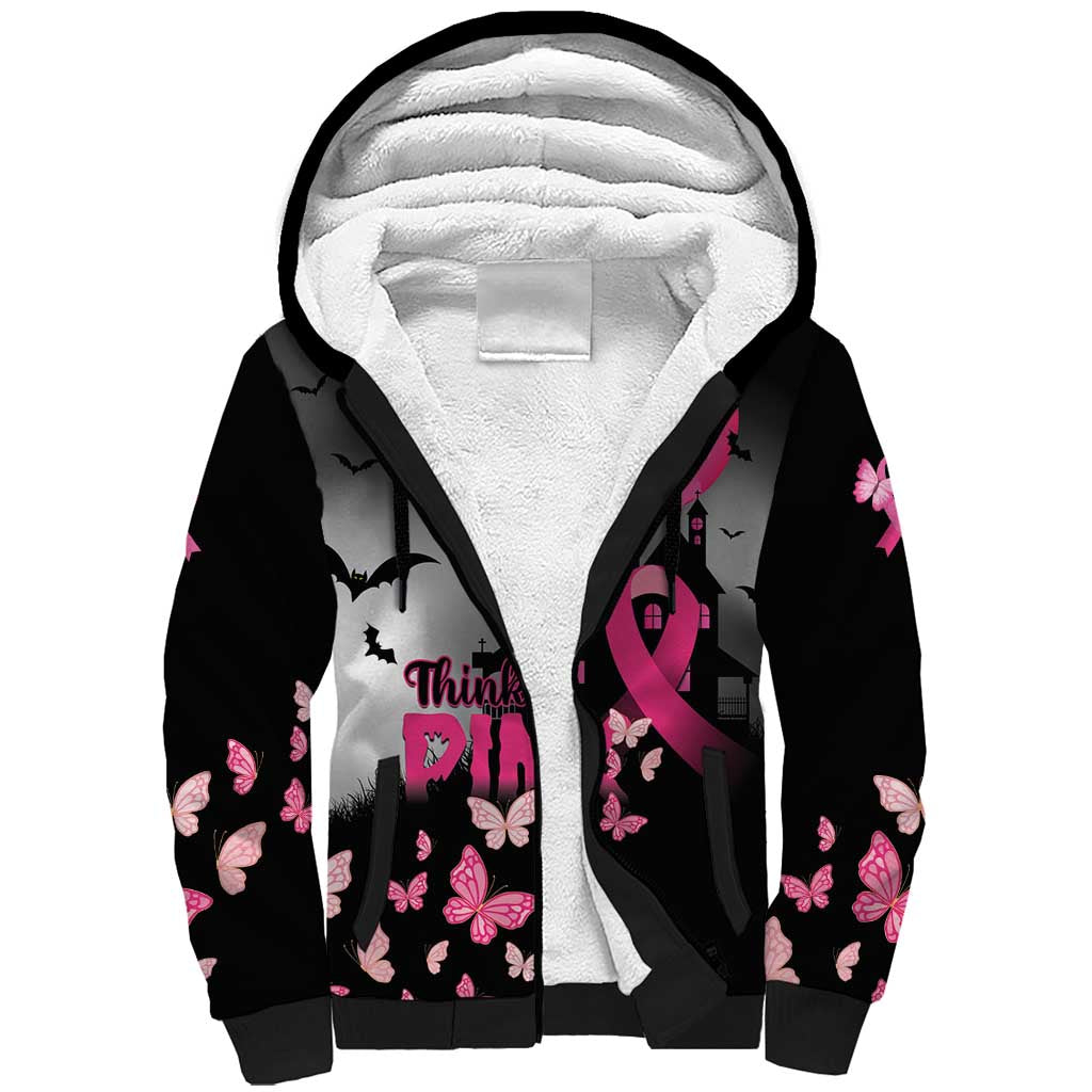 Personalized At Halloween We Think Pink Sherpa Hoodie Pink Ribbon Butterflies - Wonder Print Shop