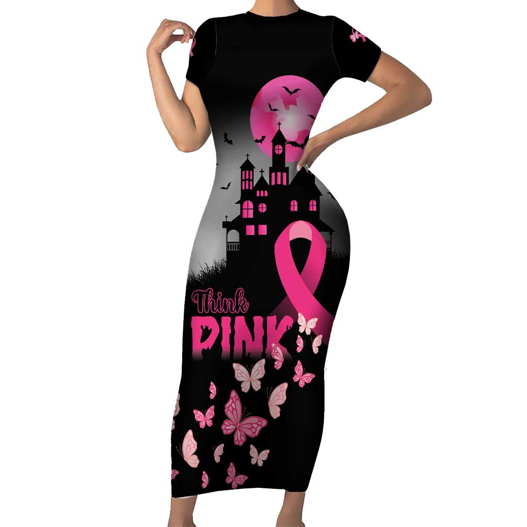Personalized At Halloween We Think Pink Short Sleeve Bodycon Dress Pink Ribbon Butterflies - Wonder Print Shop