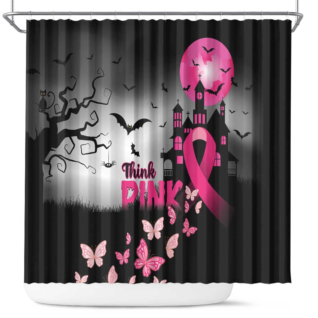 At Halloween We Think Pink Shower Curtain Pink Ribbon Butterflies