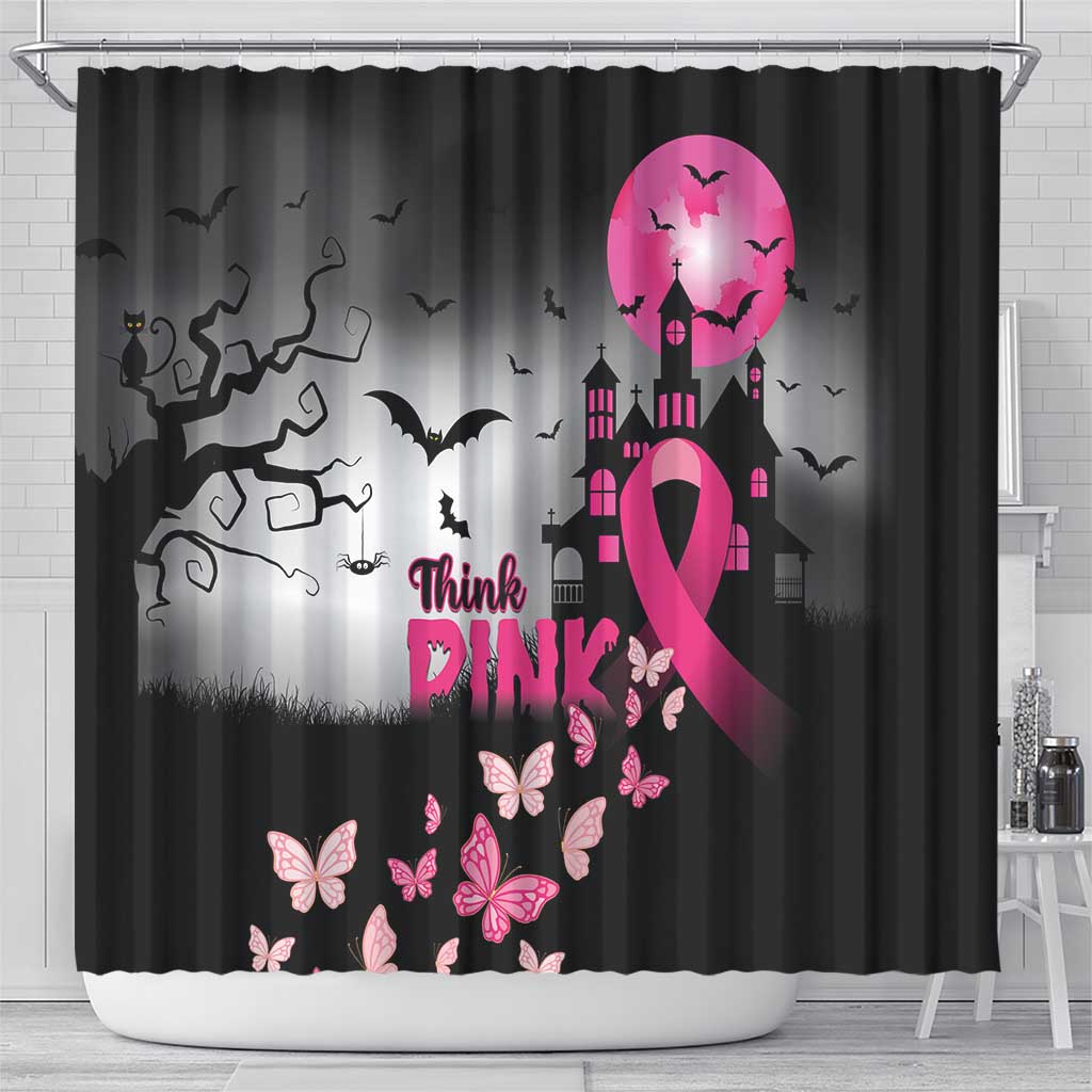 At Halloween We Think Pink Shower Curtain Pink Ribbon Butterflies
