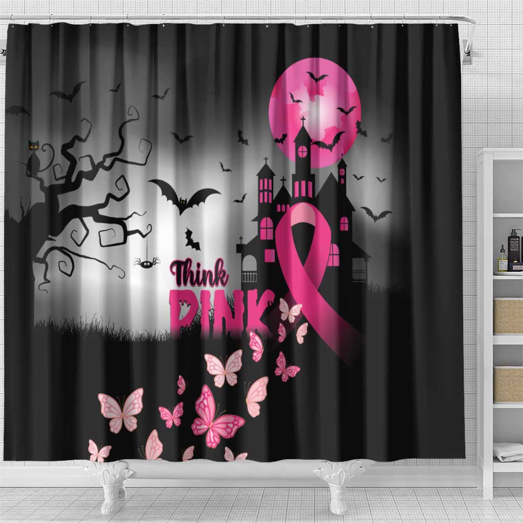 At Halloween We Think Pink Shower Curtain Pink Ribbon Butterflies