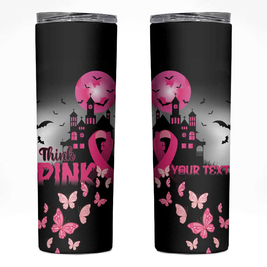 Personalized At Halloween We Think Pink Skinny Tumbler Pink Ribbon Butterflies - Wonder Print Shop