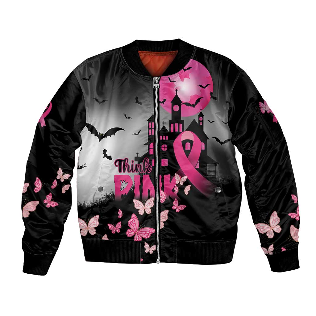 Personalized At Halloween We Think Pink Sleeve Zip Bomber Jacket Pink Ribbon Butterflies - Wonder Print Shop