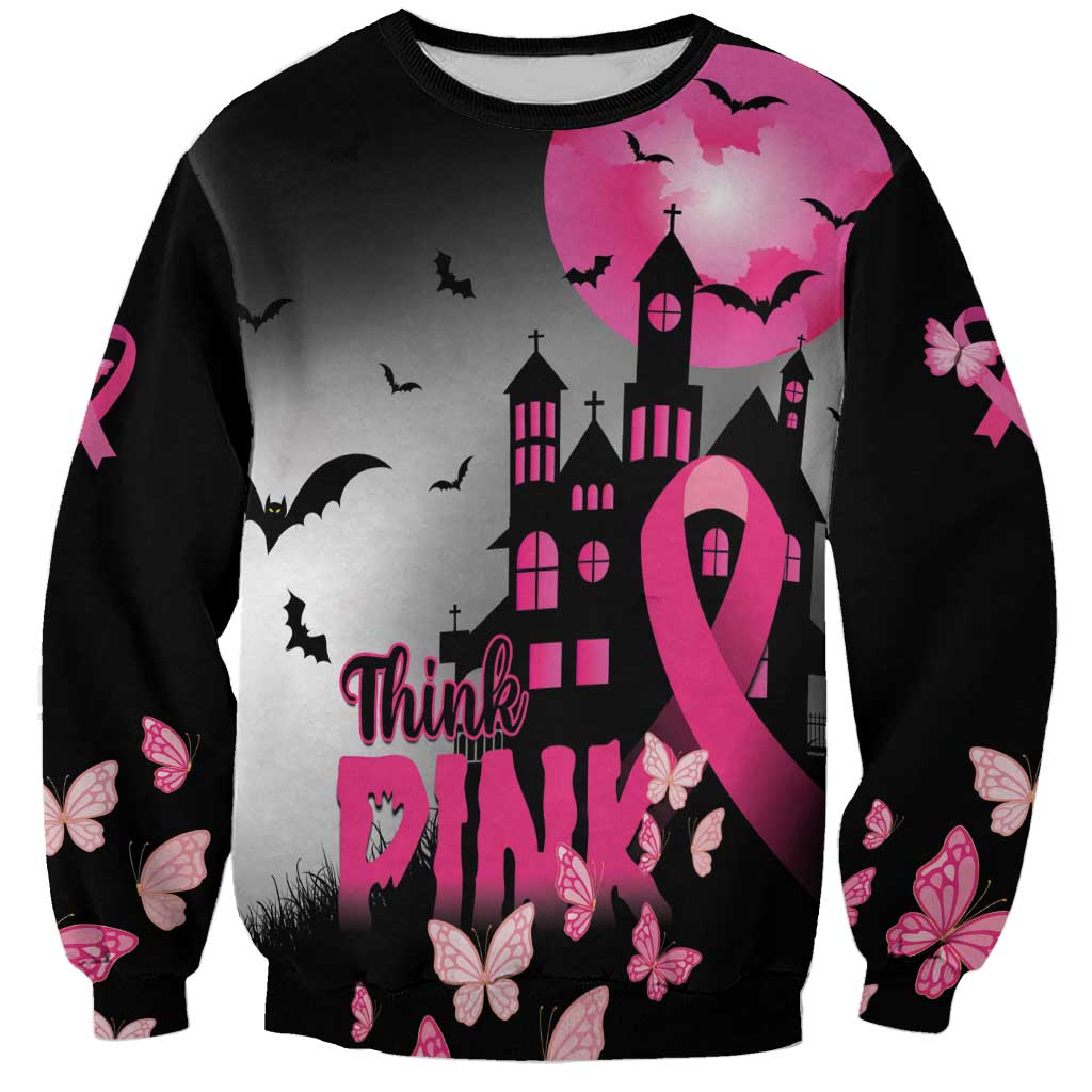 Personalized At Halloween We Think Pink Sweatshirt Pink Ribbon Butterflies - Wonder Print Shop