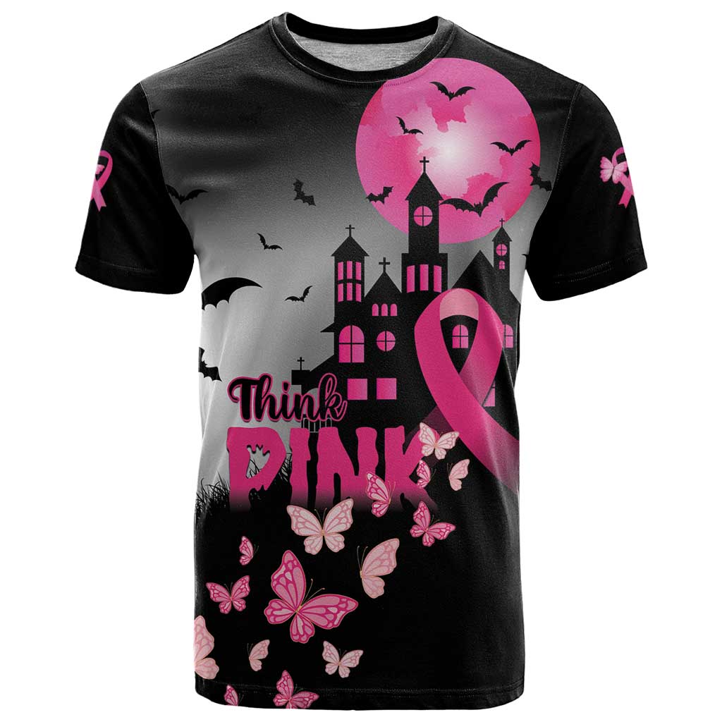 Personalized At Halloween We Think Pink T Shirt Pink Ribbon Butterflies - Wonder Print Shop
