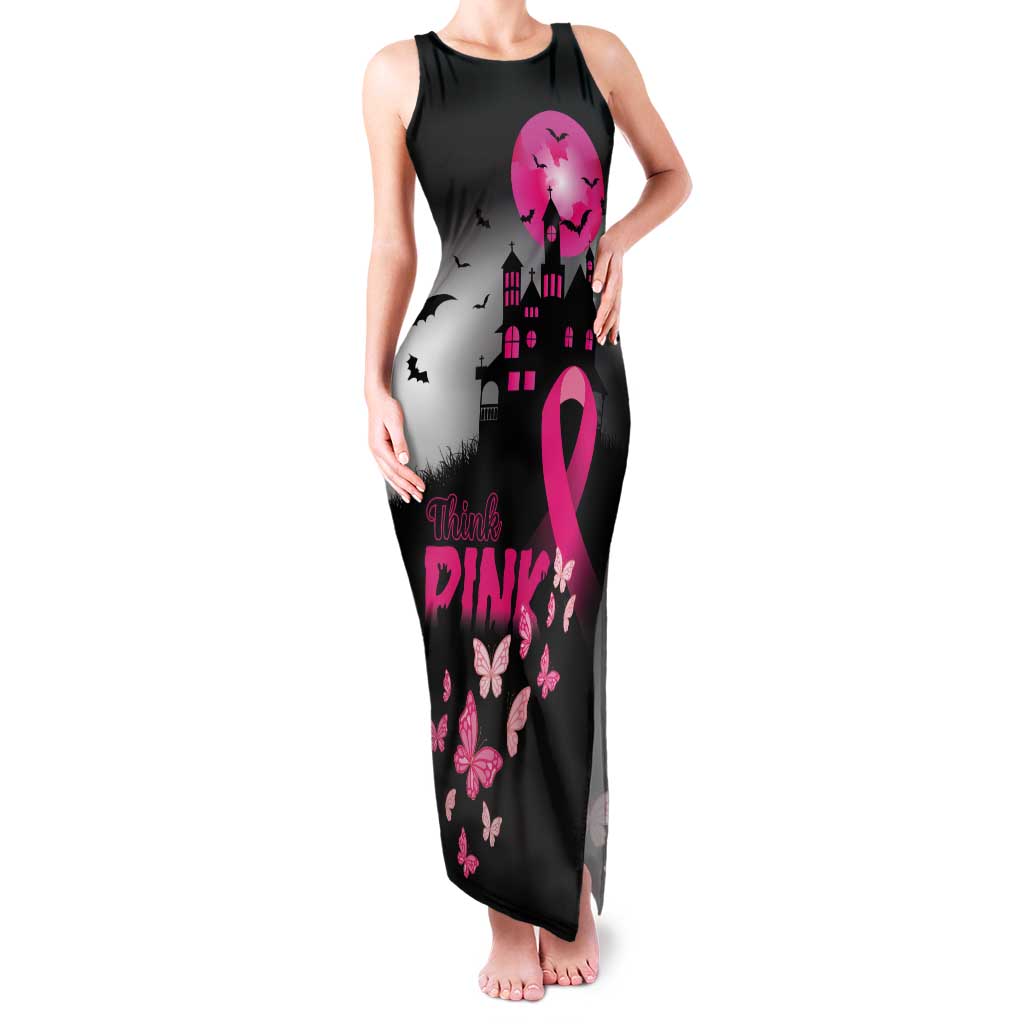 Personalized At Halloween We Think Pink Tank Maxi Dress Pink Ribbon Butterflies - Wonder Print Shop