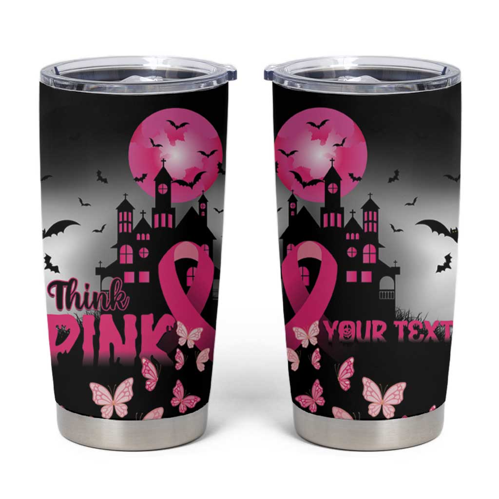 Personalized At Halloween We Think Pink Tumbler Cup Pink Ribbon Butterflies - Wonder Print Shop