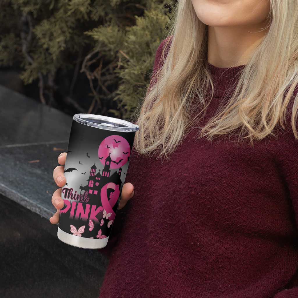 Personalized At Halloween We Think Pink Tumbler Cup Pink Ribbon Butterflies - Wonder Print Shop