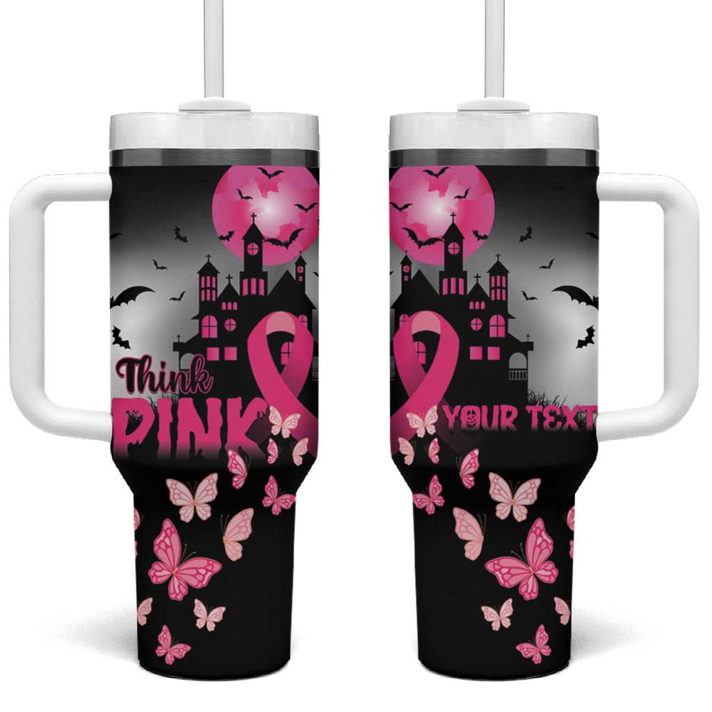Personalized At Halloween We Think Pink Tumbler With Handle Pink Ribbon Butterflies - Wonder Print Shop
