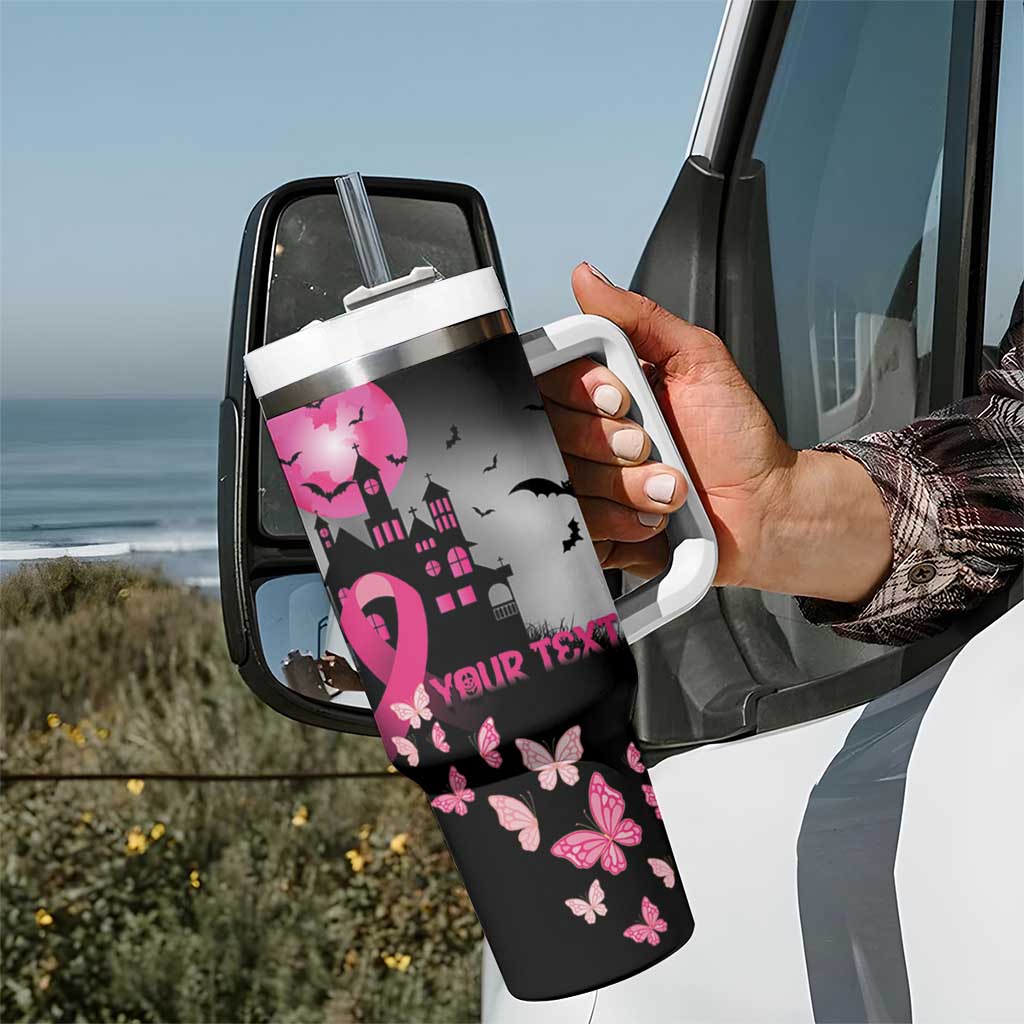 Personalized At Halloween We Think Pink Tumbler With Handle Pink Ribbon Butterflies - Wonder Print Shop