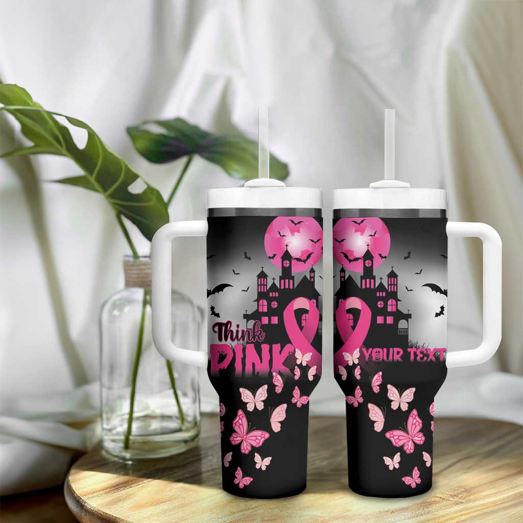 Personalized At Halloween We Think Pink Tumbler With Handle Pink Ribbon Butterflies - Wonder Print Shop
