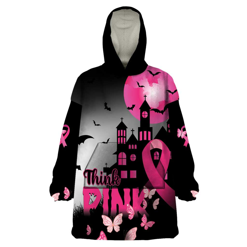 Personalized At Halloween We Think Pink Wearable Blanket Hoodie Pink Ribbon Butterflies - Wonder Print Shop