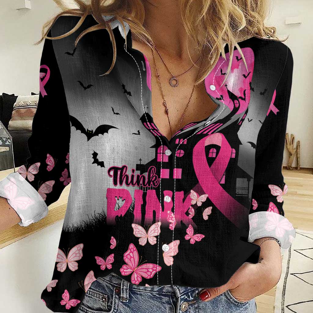 Personalized At Halloween We Think Pink Women Casual Shirt Pink Ribbon Butterflies - Wonder Print Shop