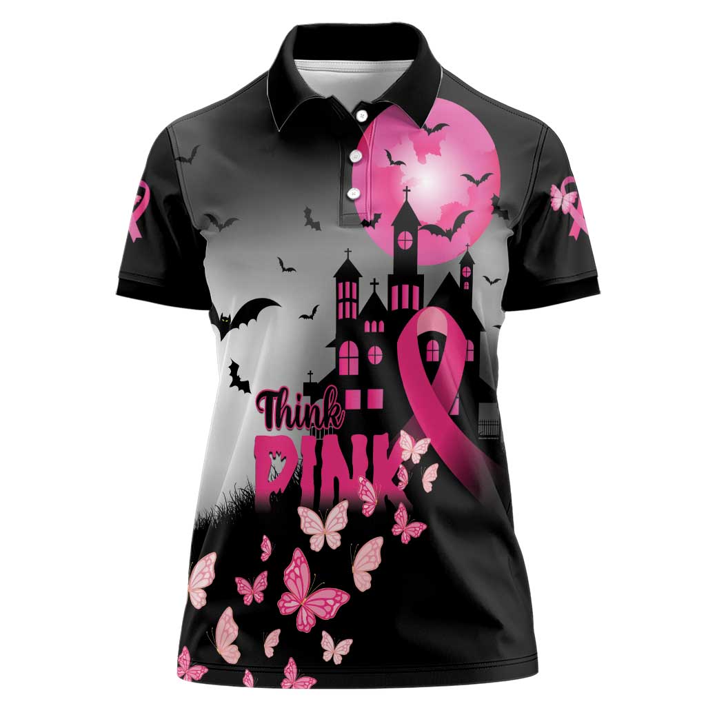 Personalized At Halloween We Think Pink Women Polo Shirt Pink Ribbon Butterflies - Wonder Print Shop