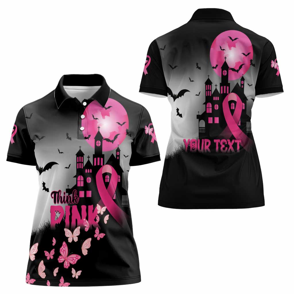 Personalized At Halloween We Think Pink Women Polo Shirt Pink Ribbon Butterflies - Wonder Print Shop