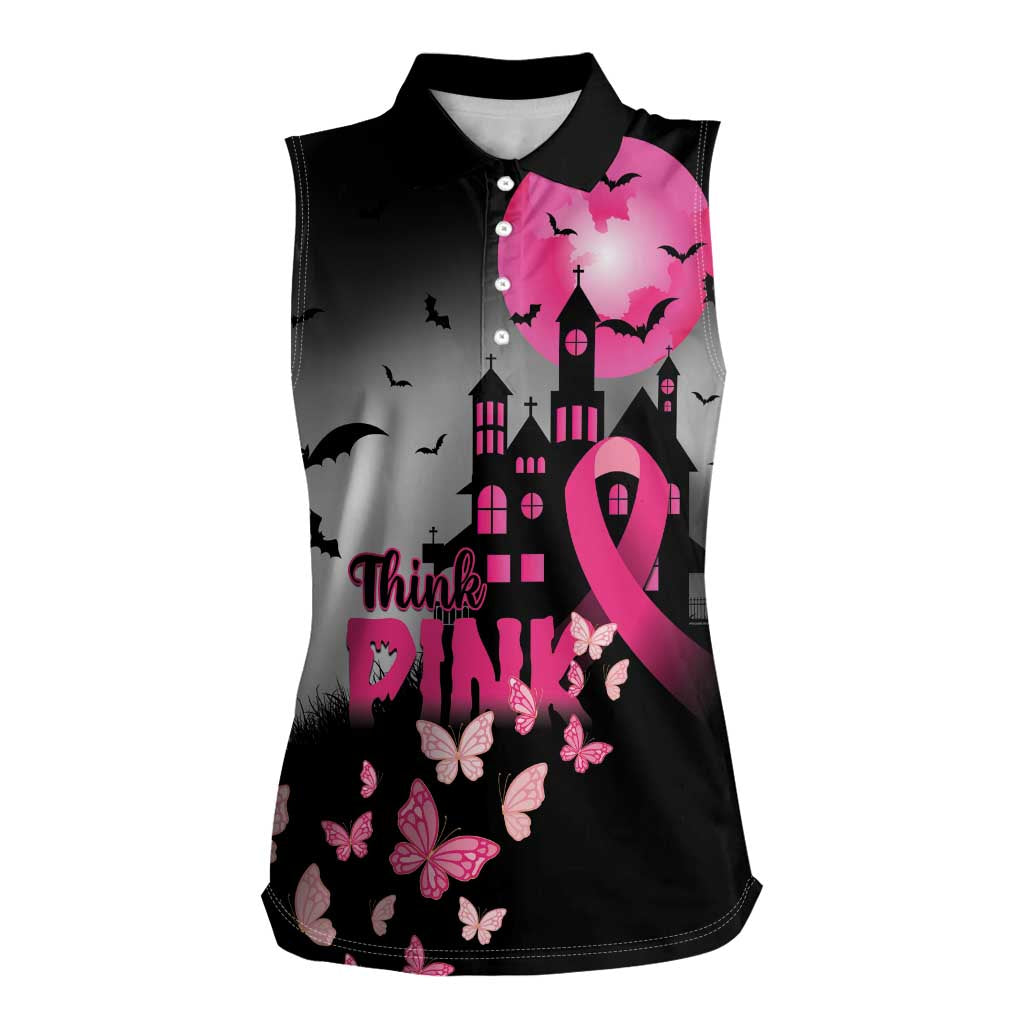Personalized At Halloween We Think Pink Women Sleeveless Polo Shirt Pink Ribbon Butterflies - Wonder Print Shop