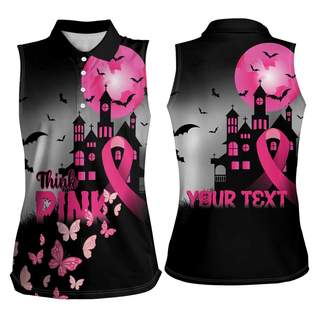Personalized At Halloween We Think Pink Women Sleeveless Polo Shirt Pink Ribbon Butterflies - Wonder Print Shop