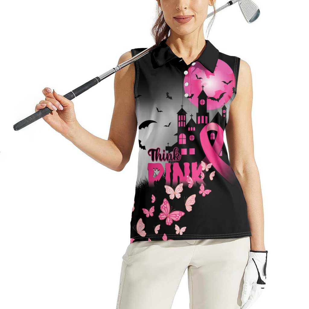 Personalized At Halloween We Think Pink Women Sleeveless Polo Shirt Pink Ribbon Butterflies - Wonder Print Shop