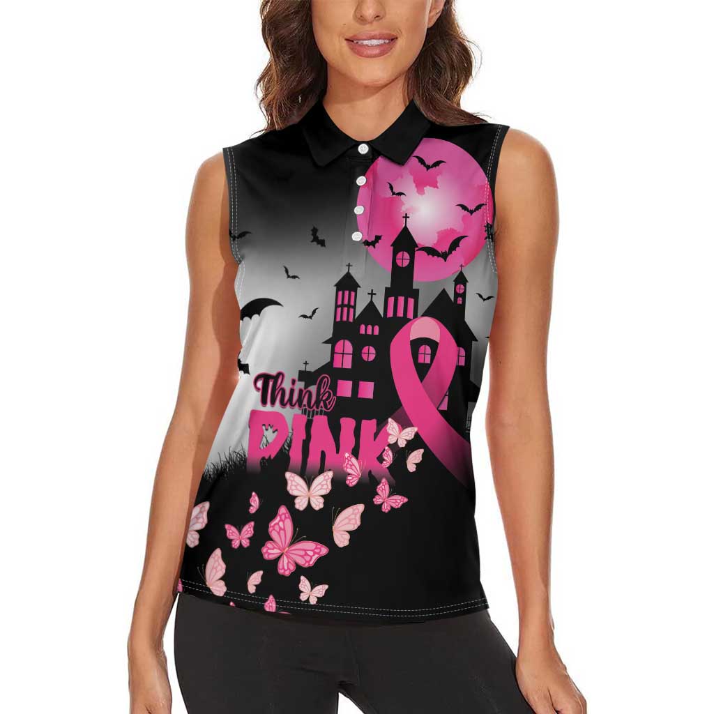 Personalized At Halloween We Think Pink Women Sleeveless Polo Shirt Pink Ribbon Butterflies - Wonder Print Shop