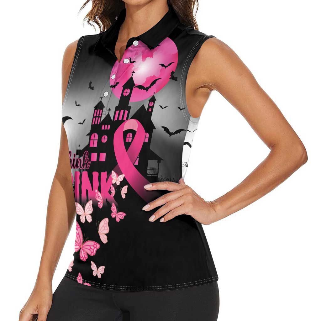 Personalized At Halloween We Think Pink Women Sleeveless Polo Shirt Pink Ribbon Butterflies - Wonder Print Shop
