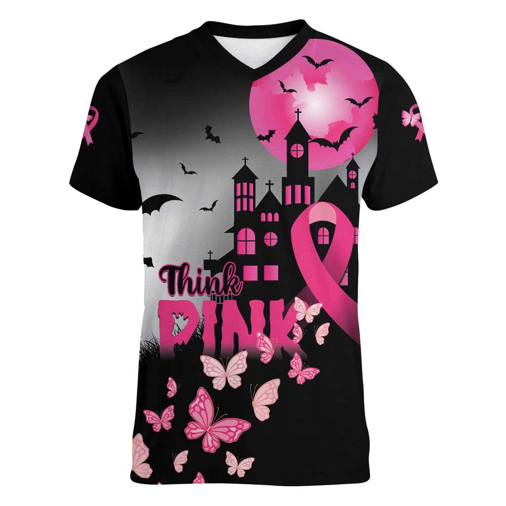 Personalized At Halloween We Think Pink Women V-Neck T-Shirt Pink Ribbon Butterflies - Wonder Print Shop