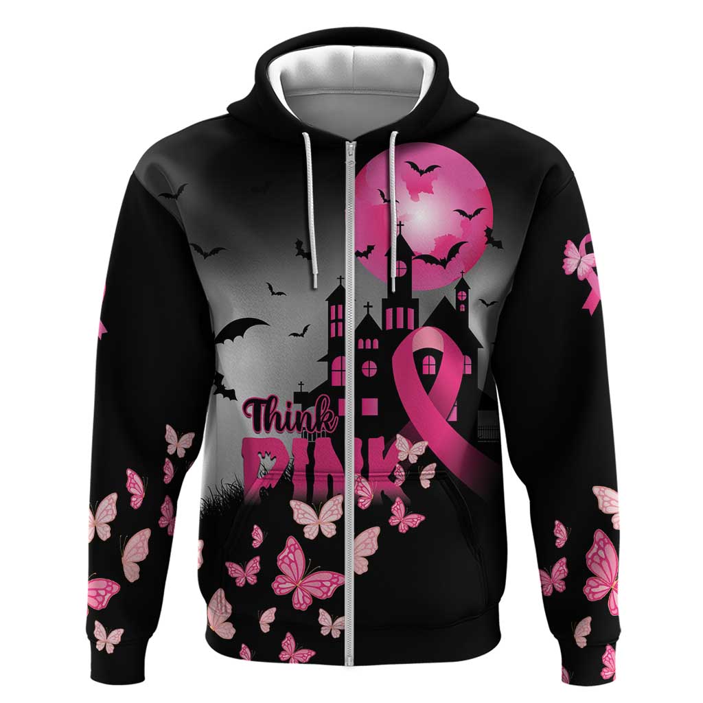 Personalized At Halloween We Think Pink Zip Hoodie Pink Ribbon Butterflies - Wonder Print Shop