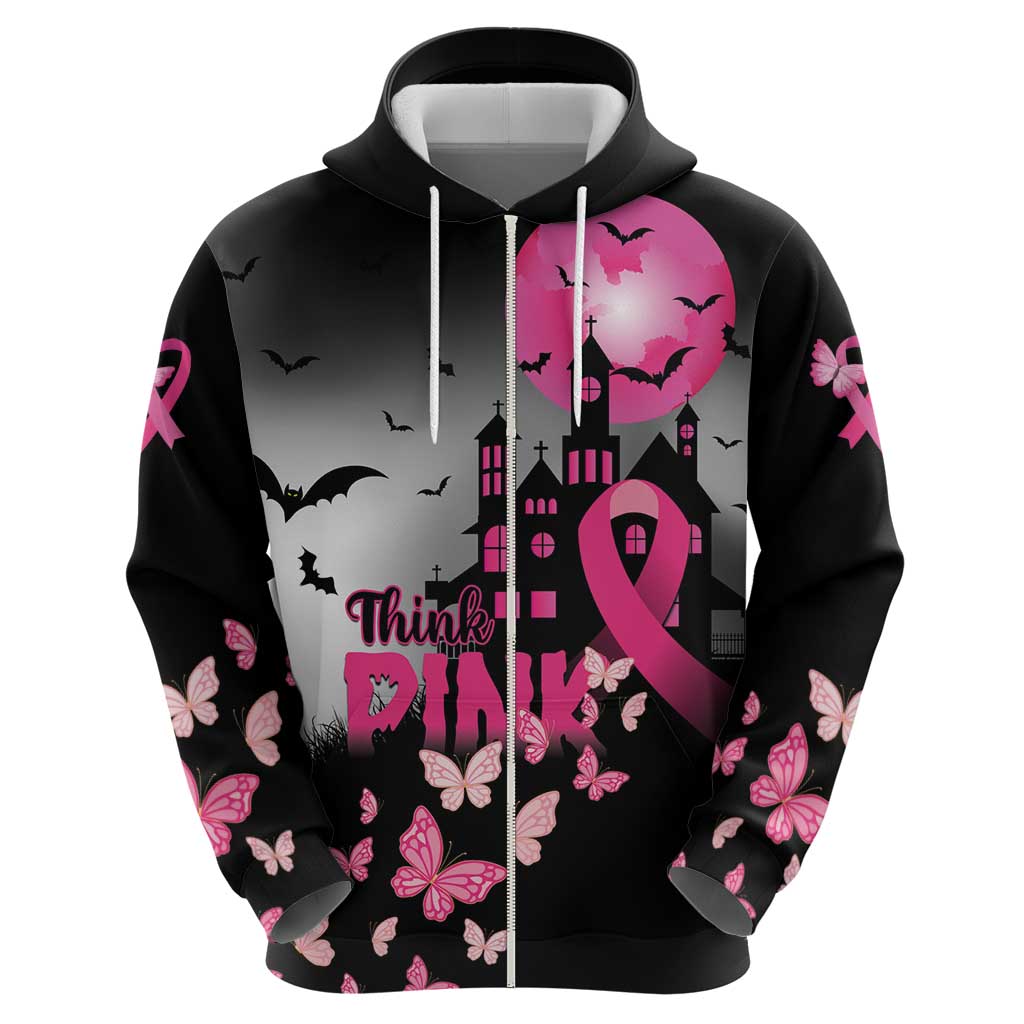 Personalized At Halloween We Think Pink Zip Hoodie Pink Ribbon Butterflies - Wonder Print Shop