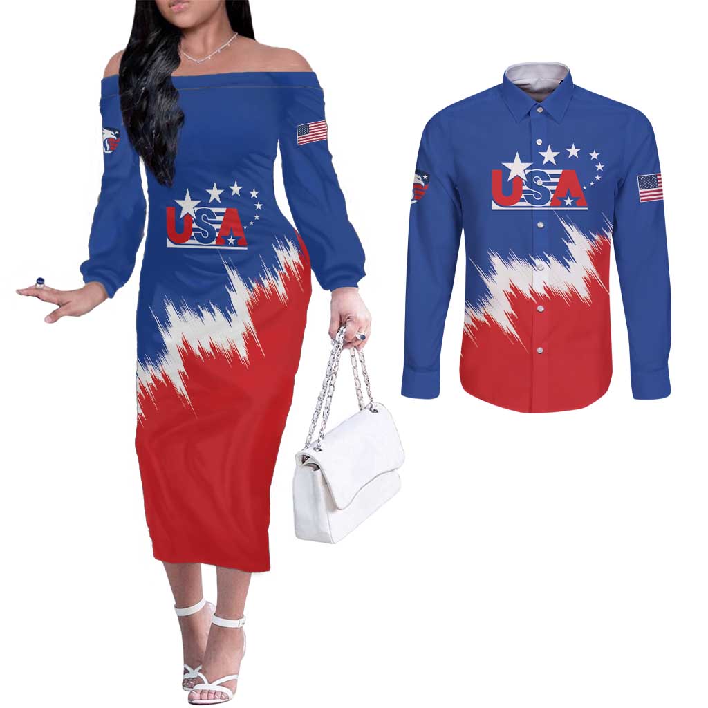 Custom USA Soccer Couples Matching Off The Shoulder Long Sleeve Dress and Long Sleeve Button Shirt Always Possible Todo Es Posible