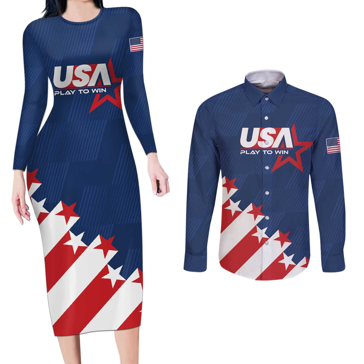 Custom USA Soccer Couples Matching Long Sleeve Bodycon Dress and Long Sleeve Button Shirt Play To Win - Wonder Print Shop