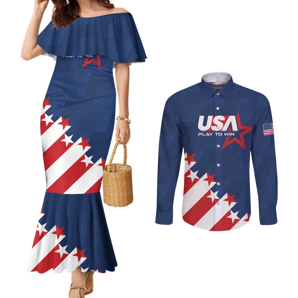 Custom USA Soccer Couples Matching Mermaid Dress and Long Sleeve Button Shirt Play To Win