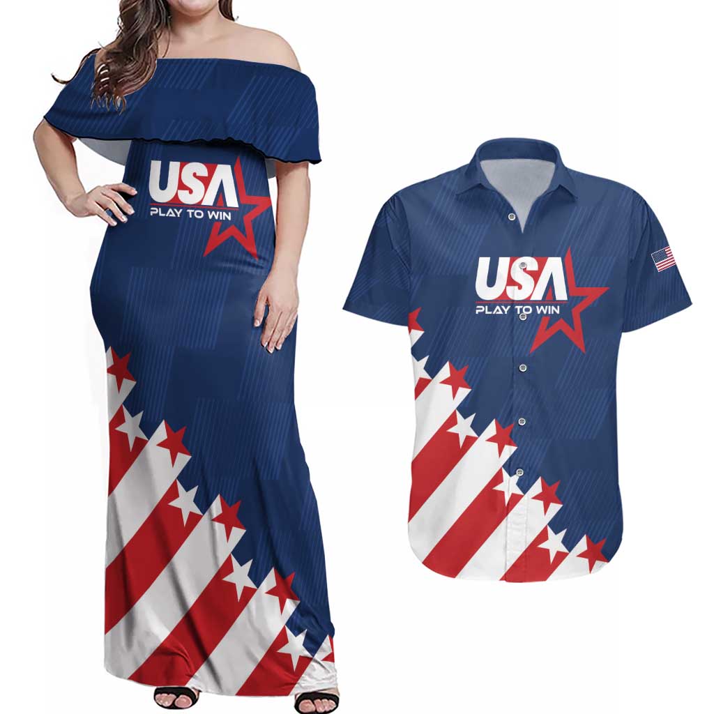 Custom USA Soccer Couples Matching Off Shoulder Maxi Dress and Hawaiian Shirt Play To Win - Wonder Print Shop
