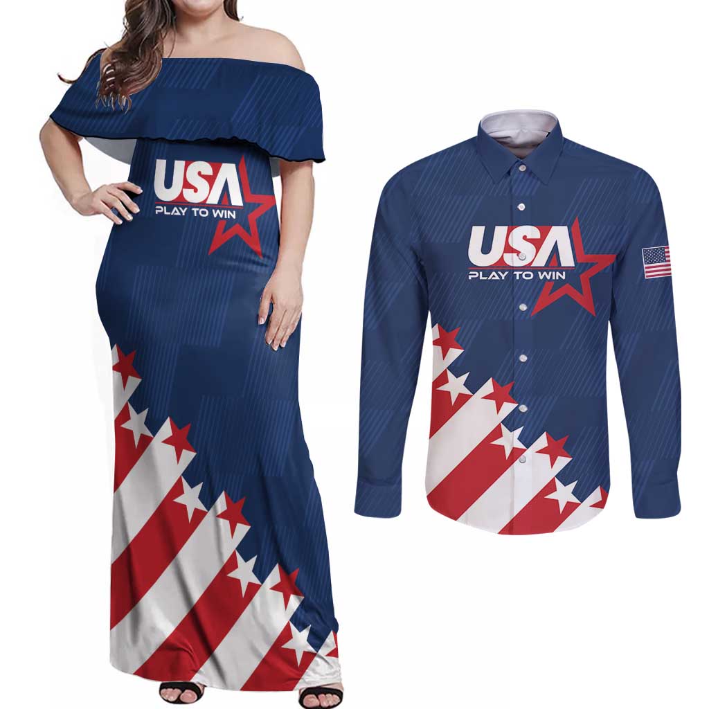 Custom USA Soccer Couples Matching Off Shoulder Maxi Dress and Long Sleeve Button Shirt Play To Win - Wonder Print Shop