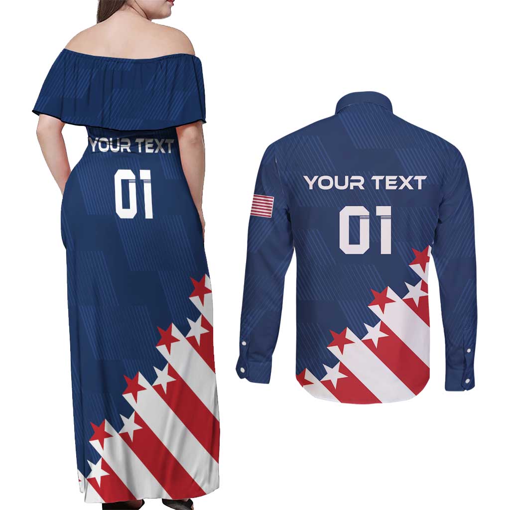 Custom USA Soccer Couples Matching Off Shoulder Maxi Dress and Long Sleeve Button Shirt Play To Win - Wonder Print Shop