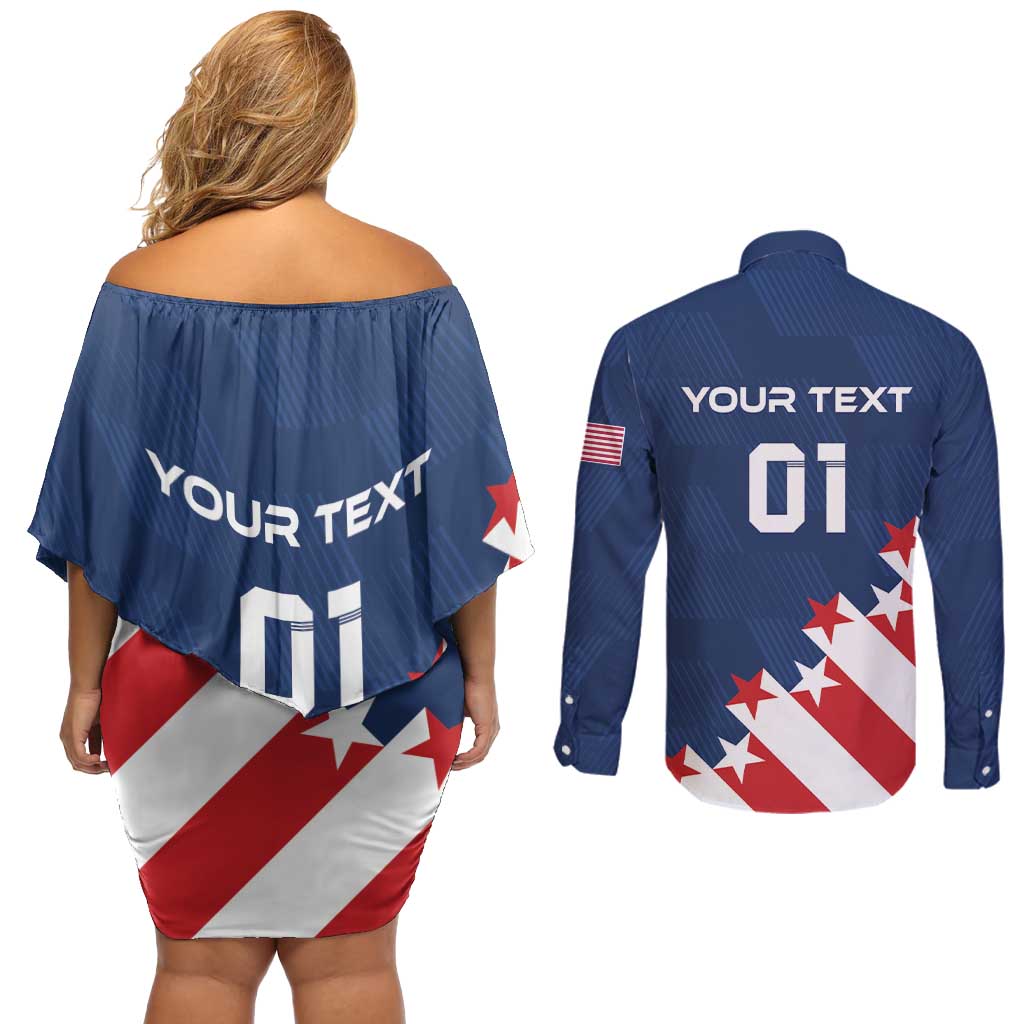 Custom USA Soccer Couples Matching Off Shoulder Short Dress and Long Sleeve Button Shirt Play To Win - Wonder Print Shop