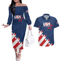 Custom USA Soccer Couples Matching Off The Shoulder Long Sleeve Dress and Hawaiian Shirt Play To Win - Wonder Print Shop