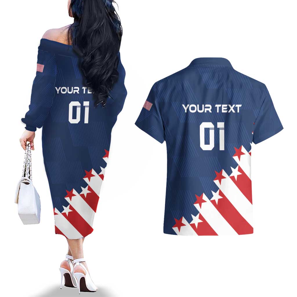 Custom USA Soccer Couples Matching Off The Shoulder Long Sleeve Dress and Hawaiian Shirt Play To Win - Wonder Print Shop
