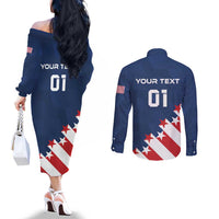 Custom USA Soccer Couples Matching Off The Shoulder Long Sleeve Dress and Long Sleeve Button Shirt Play To Win