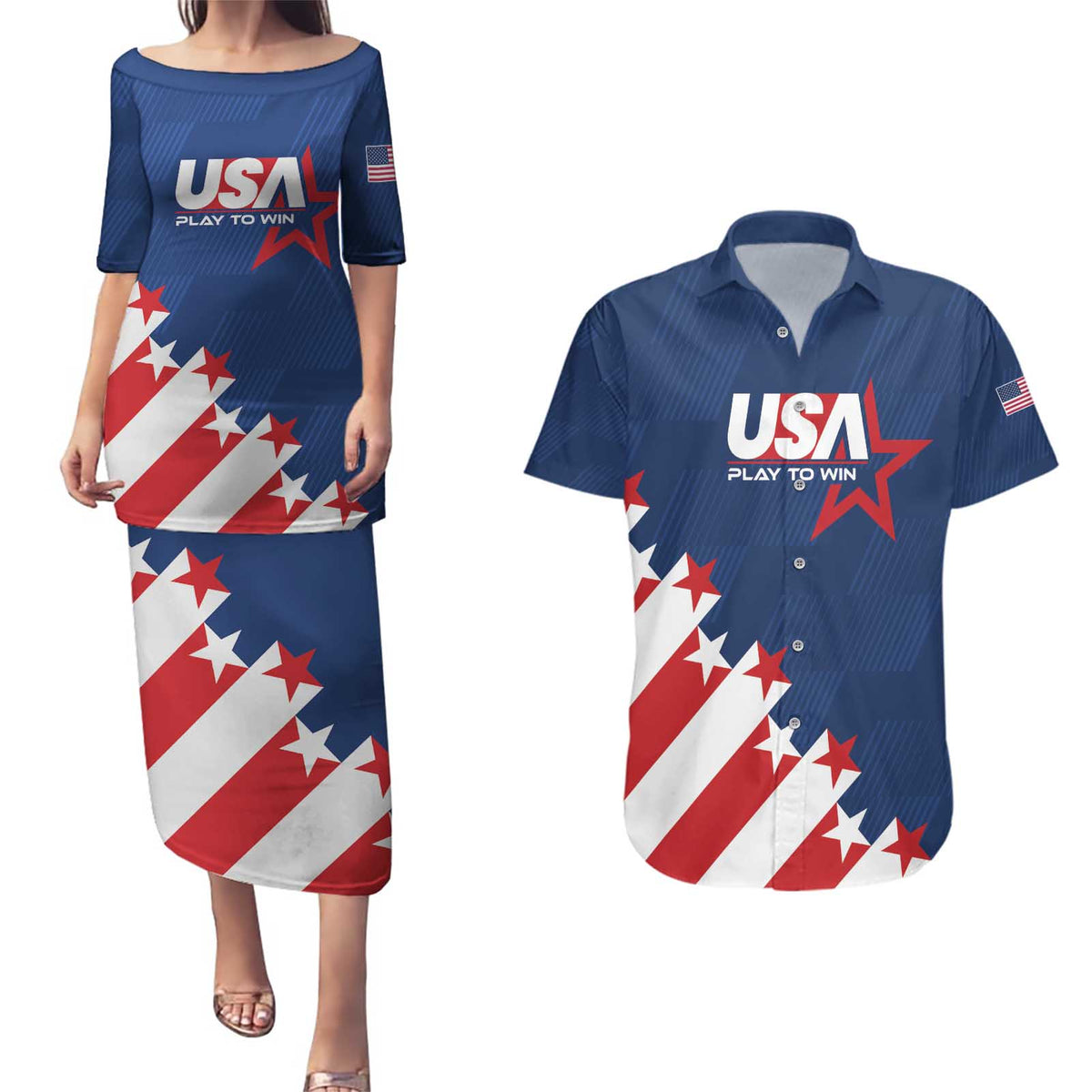 Custom USA Soccer Couples Matching Puletasi and Hawaiian Shirt Play To Win - Wonder Print Shop