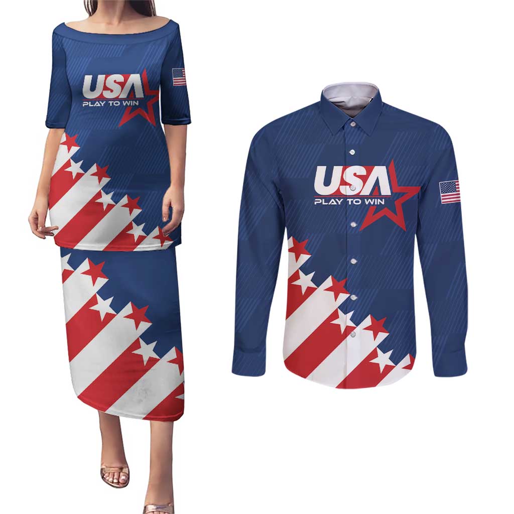 Custom USA Soccer Couples Matching Puletasi and Long Sleeve Button Shirt Play To Win - Wonder Print Shop