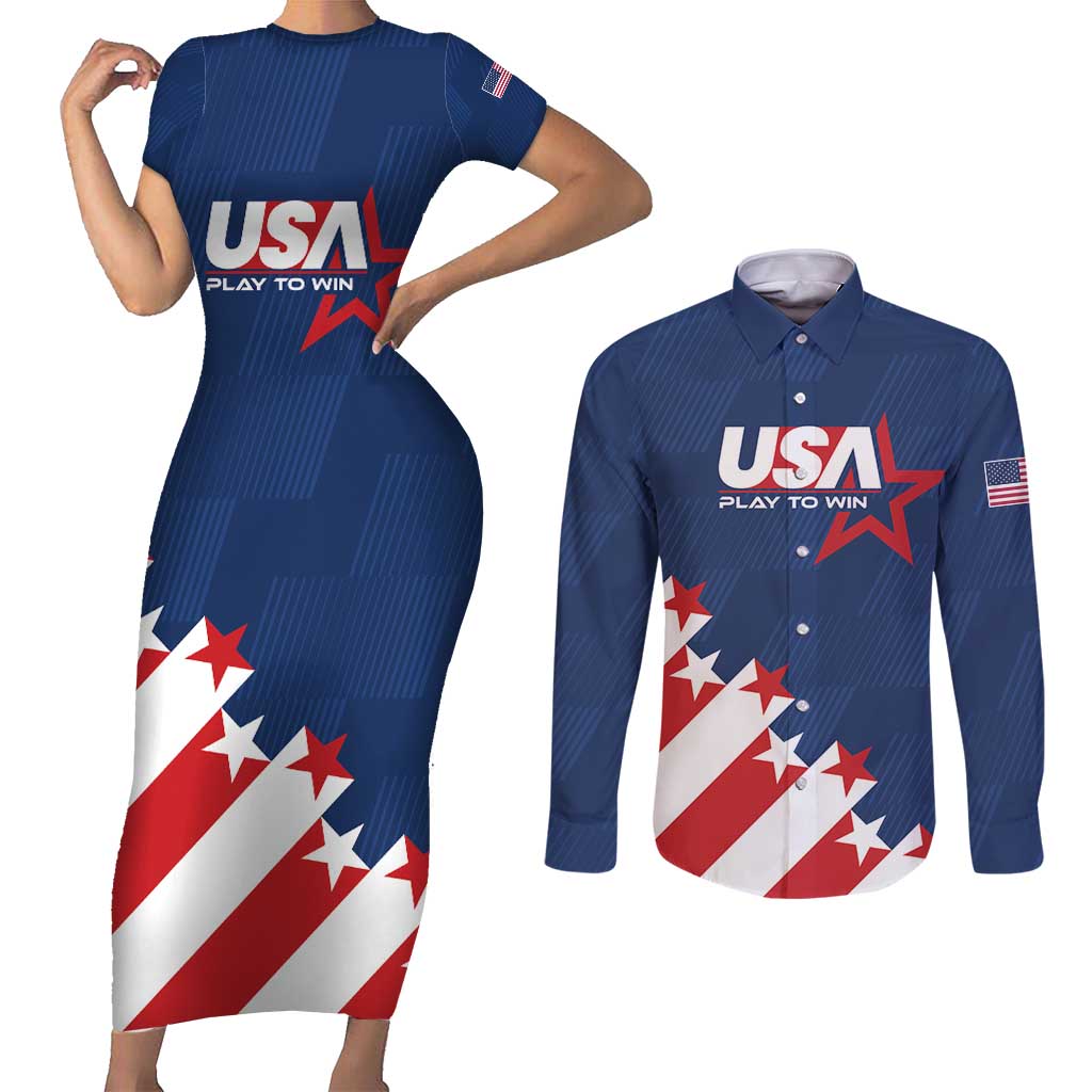 Custom USA Soccer Couples Matching Short Sleeve Bodycon Dress and Long Sleeve Button Shirt Play To Win - Wonder Print Shop