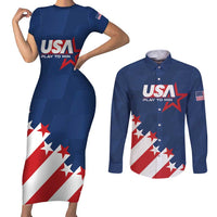 Custom USA Soccer Couples Matching Short Sleeve Bodycon Dress and Long Sleeve Button Shirt Play To Win - Wonder Print Shop