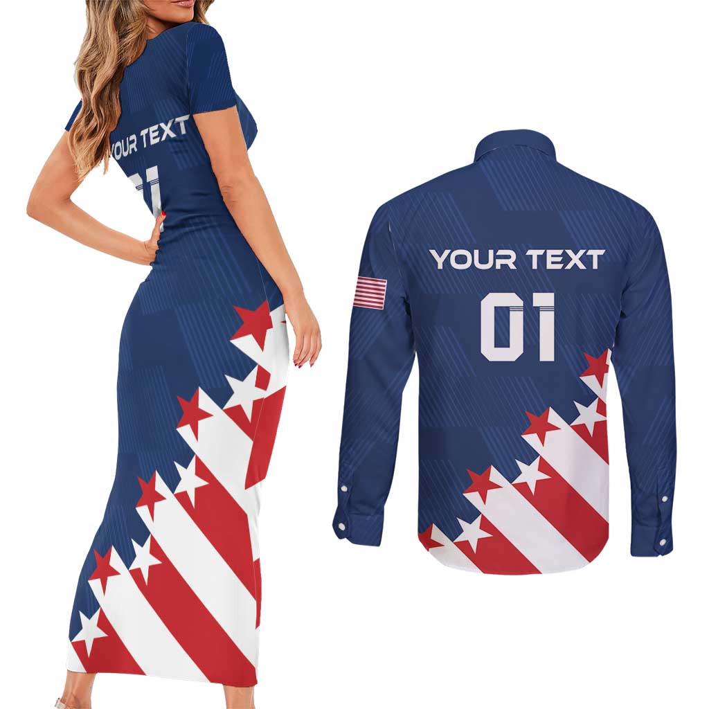 Custom USA Soccer Couples Matching Short Sleeve Bodycon Dress and Long Sleeve Button Shirt Play To Win - Wonder Print Shop